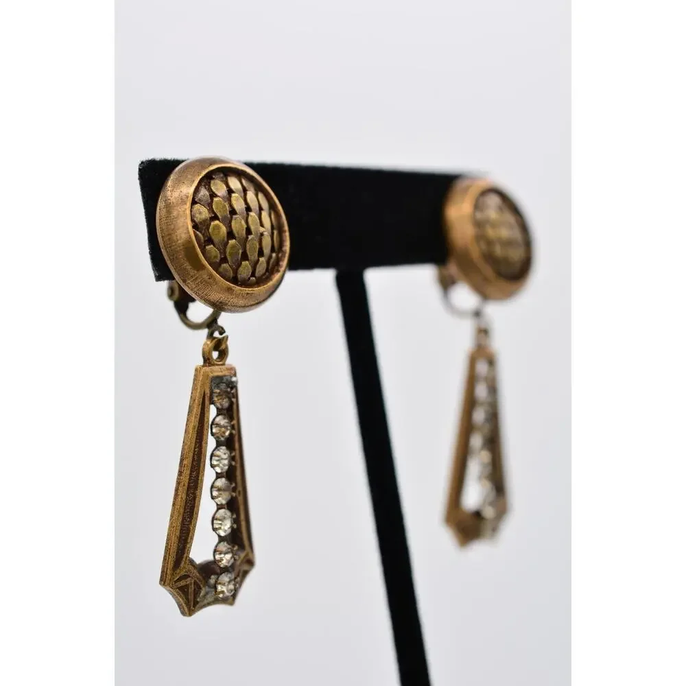 Vintage Dangle Clip On Earrings Rustic Brass Tone Rhinestone Crystal 1980s 9H